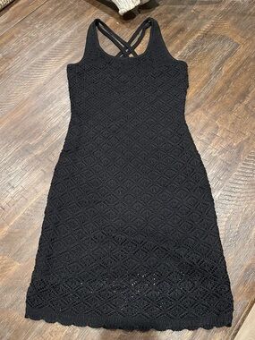 Black Crochet Lace Knit Cross back mini bodycon little black Dress
